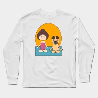 Yoga girl meditating with her pug in the sunrise Long Sleeve T-Shirt